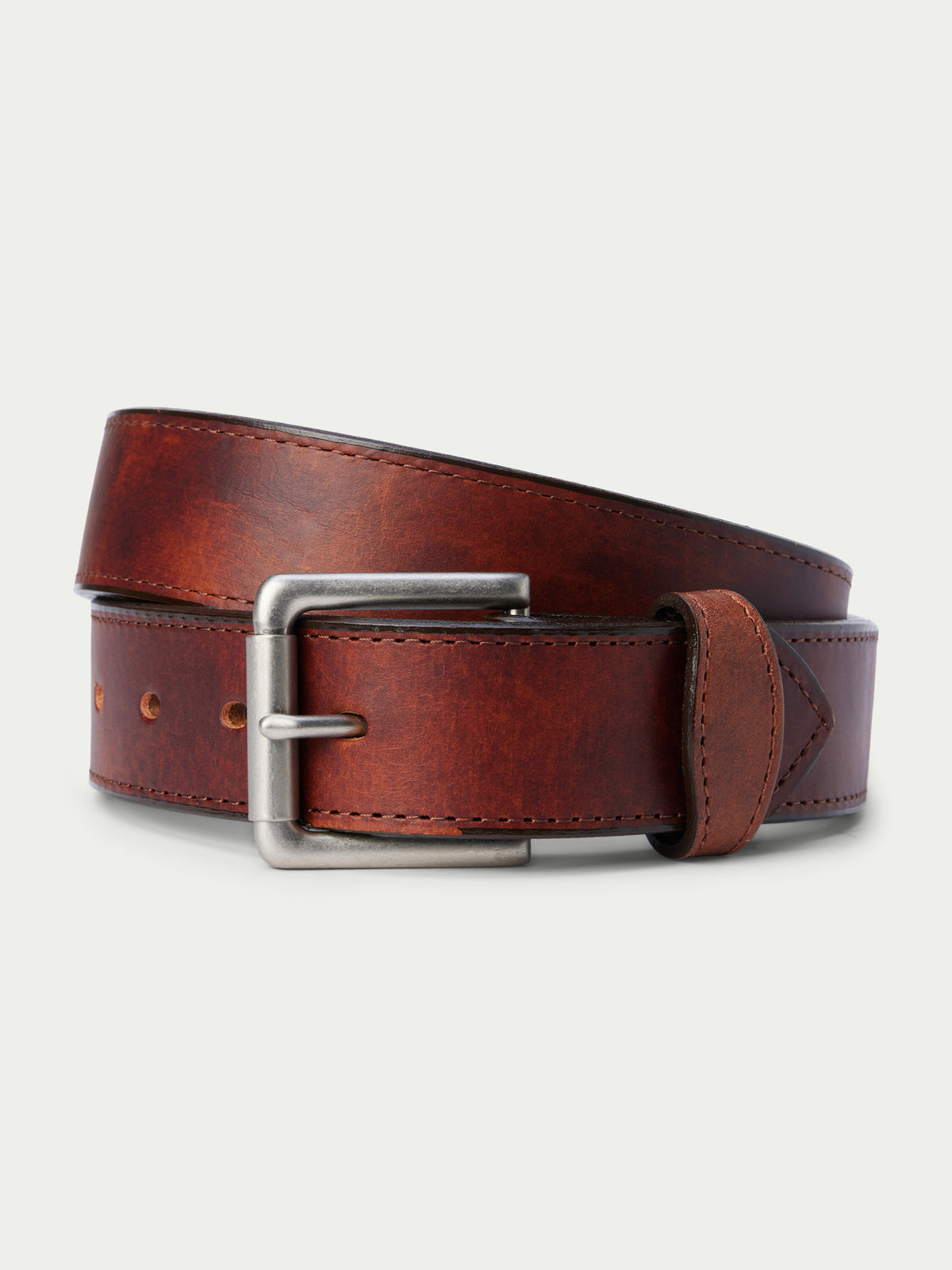 Dark brown oil-tanned leather belt with brushed silver buckle and stitched keeper