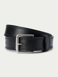 Black leather belt with silver buckle and stitched edge