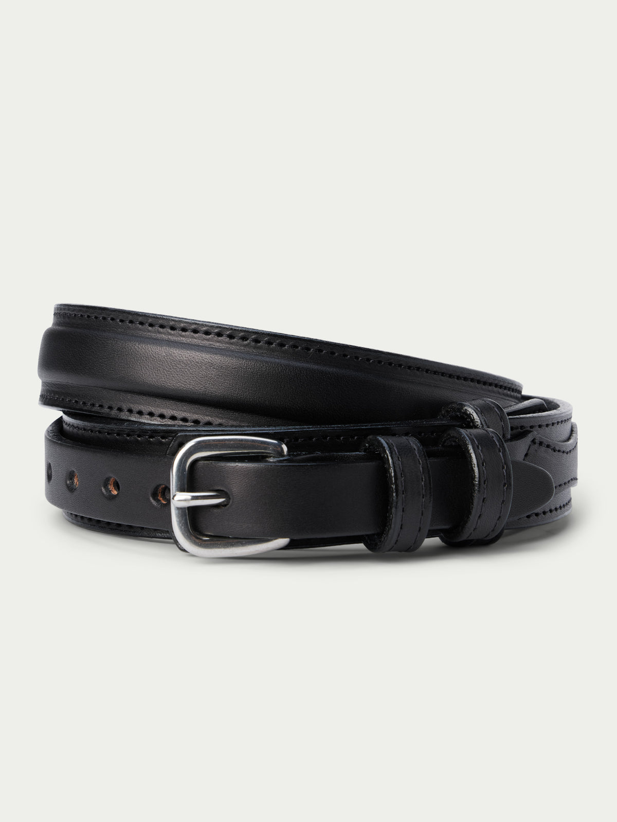 Black leather ranger belt with metal buckle and eyelets