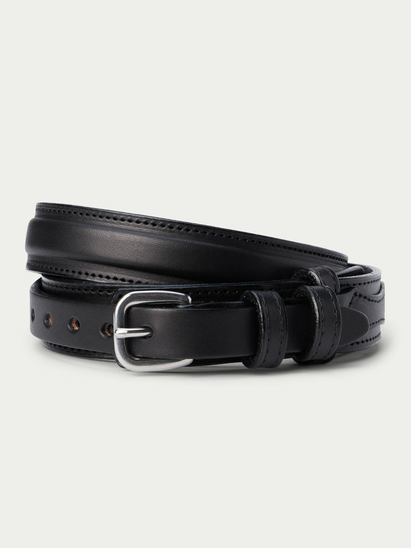 Black leather ranger belt with metal buckle and eyelets