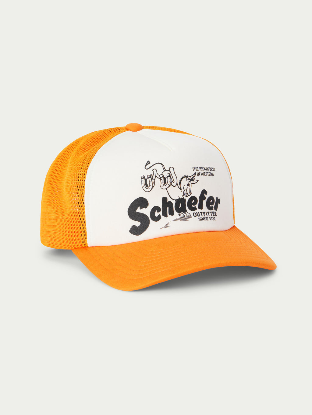 White-and-orange trucker cap with Scheffer logo on front panel