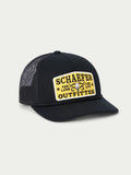 Black mesh trucker cap with yellow and white front logo patch, snapback