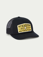 Black mesh trucker cap with yellow and white front logo patch, snapback