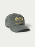 Olive waxed canvas strapback hat with gold horse logo and embroidered text