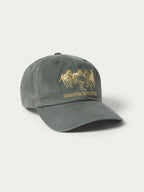 Olive waxed canvas strapback hat with gold horse logo and embroidered text