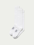 White boot socks with ribbed cuffs and striped logo accents, two-pack