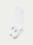 White boot socks with ribbed cuffs and striped logo accents, two-pack