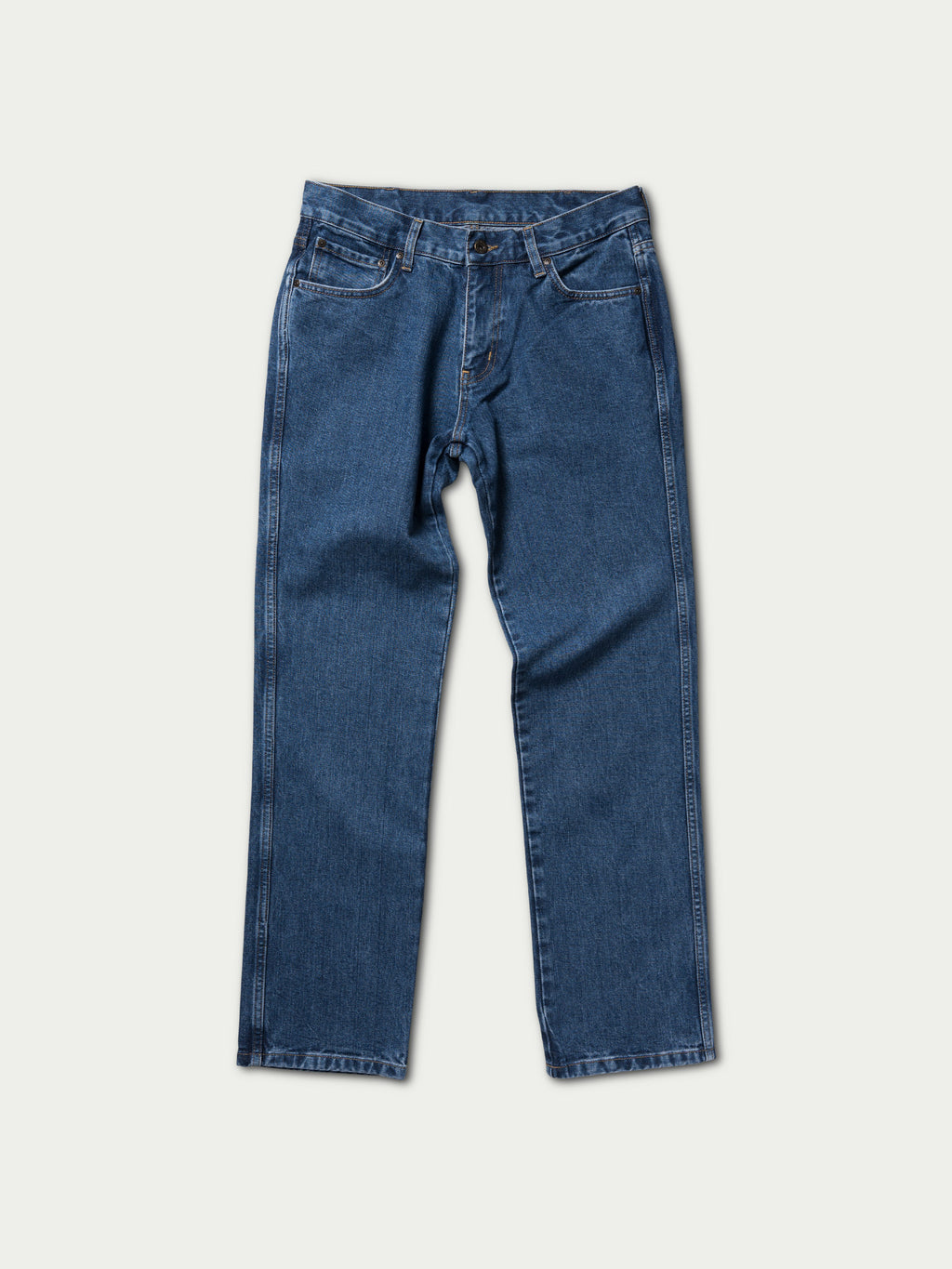 Blue denim dungarees pants with straight legs and rear yoke stitching
