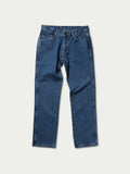 Blue denim dungarees pants with straight legs and rear yoke stitching