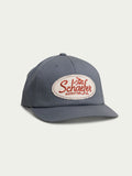 Dark blue strapback cap with front embroidered logo patch and snapback closure